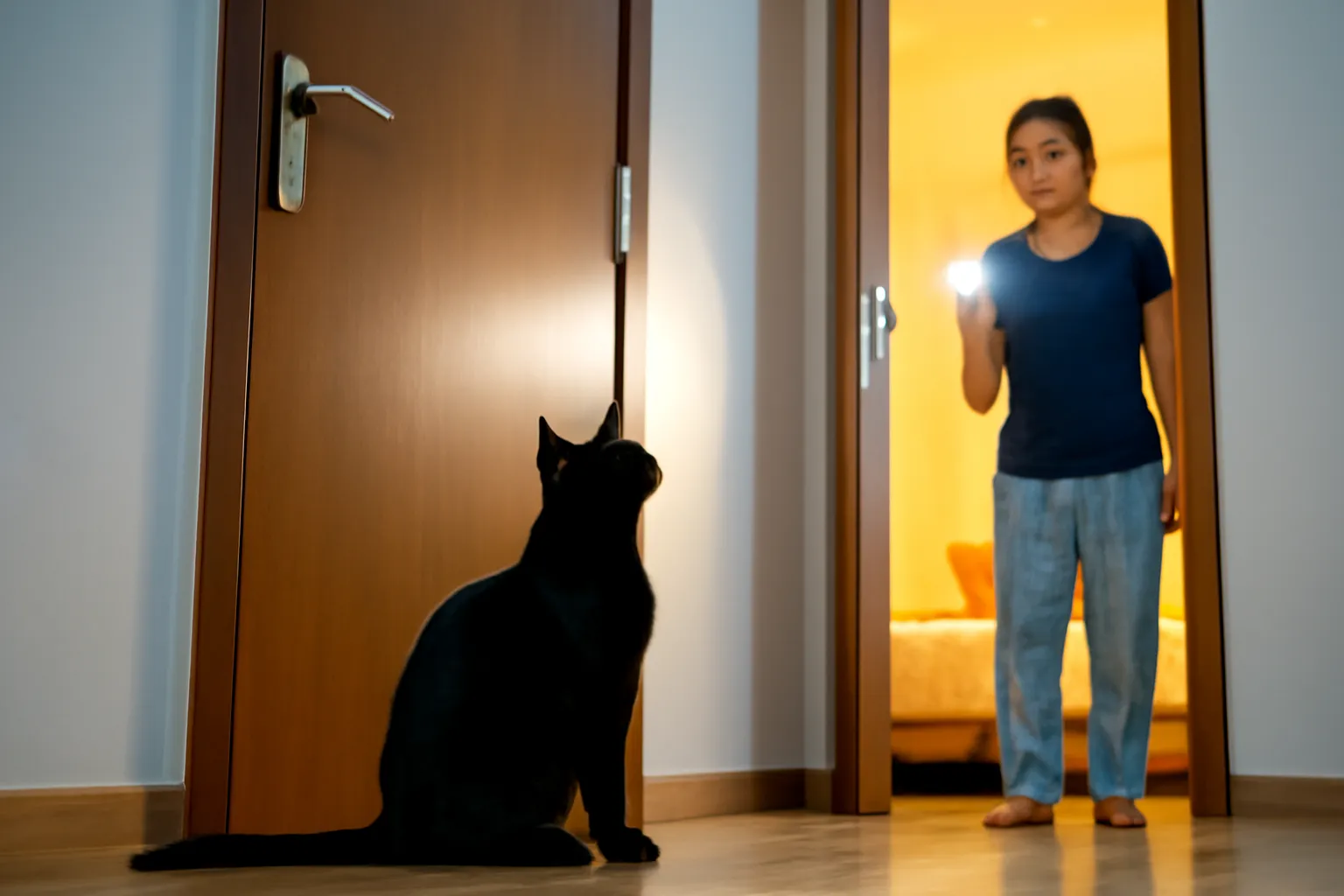 Con mèo đen ngồi trước cánh cửa căn hộ nhìn lên tay nắm cửa trong bóng tối