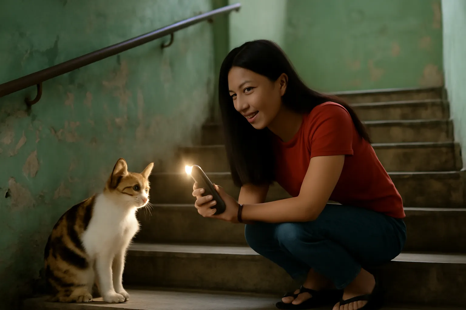 Cô gái soi đèn điện thoại cúi nhìn con mèo tam thể ở chân cầu thang cũ