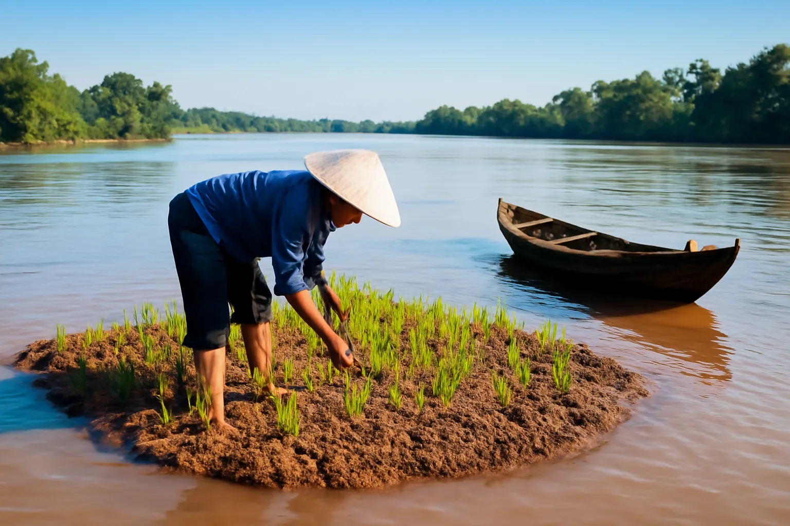 Người nông dân đội nón cắm mạ trên một cồn đất bùn mới nổi giữa dòng sông rộng