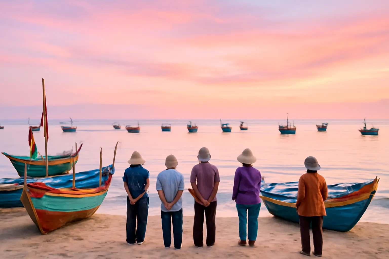 Dân làng chài đứng trên bãi biển nhìn ra khơi chờ tàu về sau cơn bão lúc bình minh