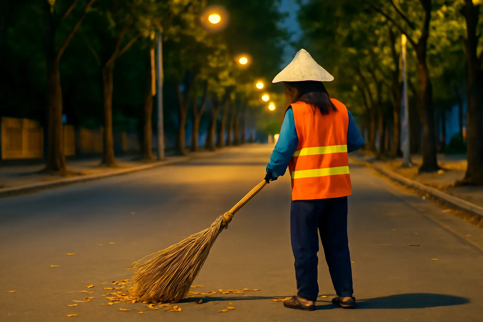 Nữ công nhân vệ sinh mặc áo phản quang quét lá trên phố vắng ban đêm