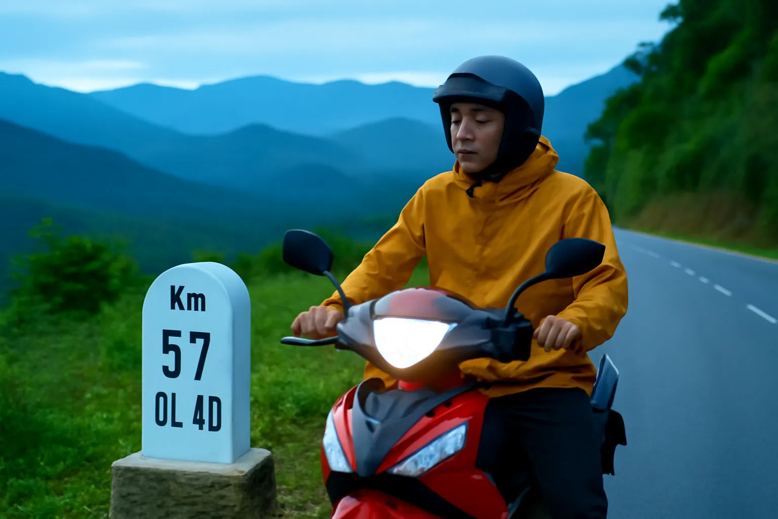 Người đàn ông đi xe máy dừng bên cột cây số trên đèo lúc chạng vạng