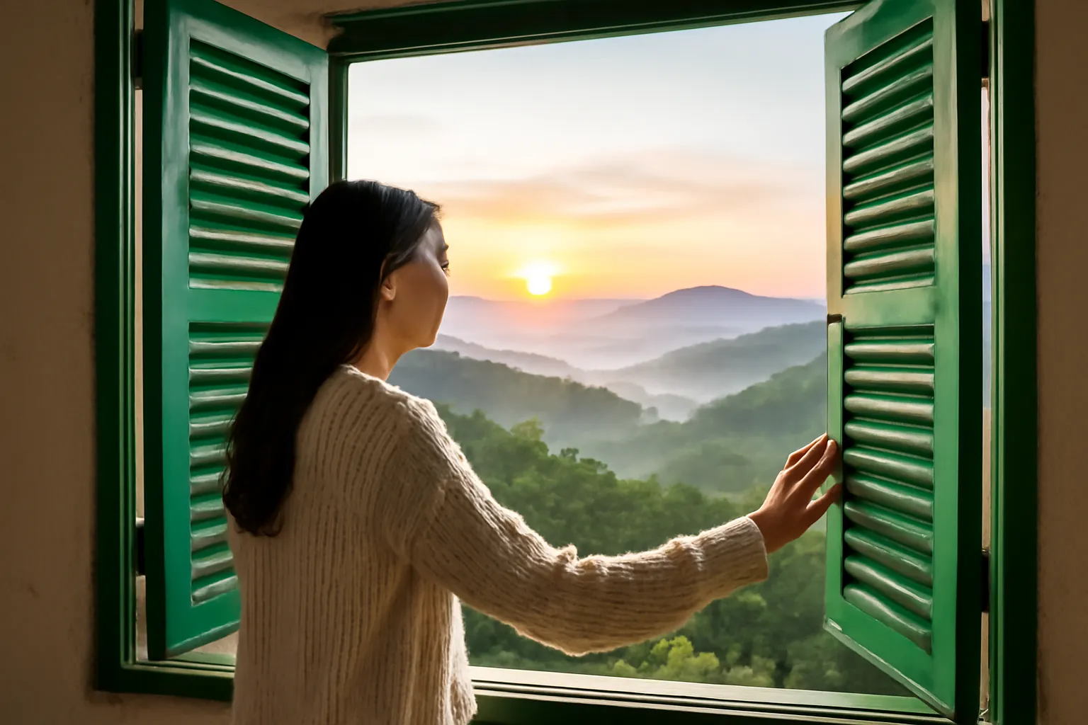 Người phụ nữ mở cánh cửa chớp gỗ sơn xanh nhìn ra đồi thông lúc rạng sáng