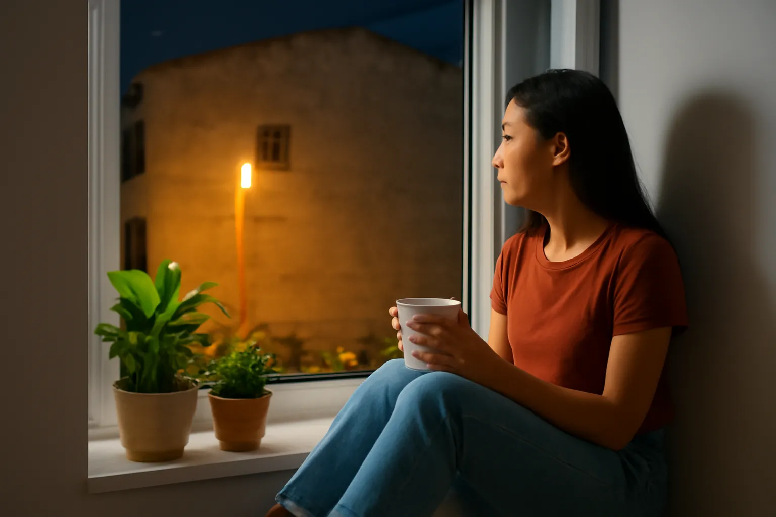 Ô cửa sổ phòng trọ tầng thượng nhìn sang bức tường toà nhà đối diện lúc đêm