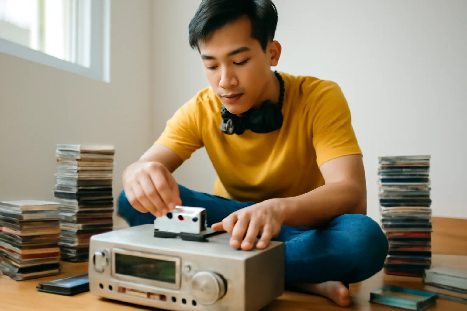 Chàng trai trẻ đeo tai nghe ngồi bên máy cát xét cũ giữa những chồng băng