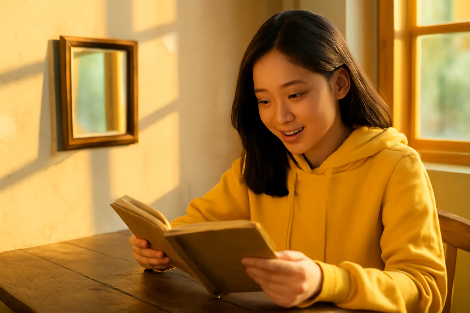 Cô gái ngồi bàn gỗ cạnh tấm gương mở cuốn nhật ký cũ trong nắng chiều vàng