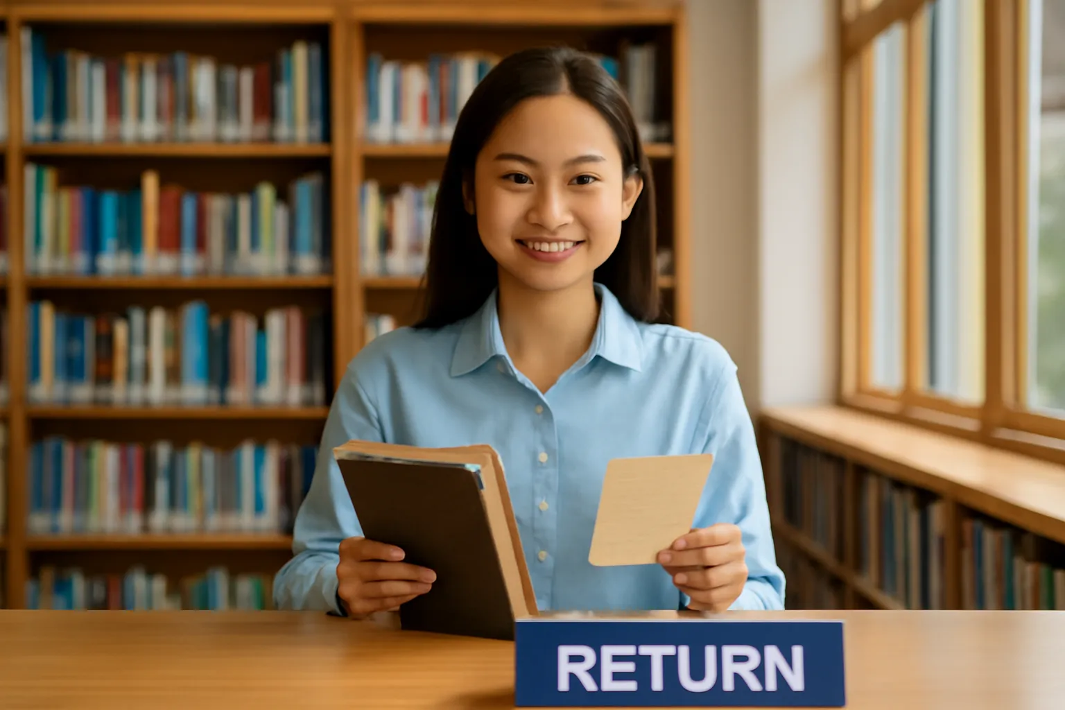 Bàn trả sách thư viện trường lúc chiều muộn, cô thủ thư cầm cuốn sách bìa vải cũ và tấm phiếu mượn ngả vàng