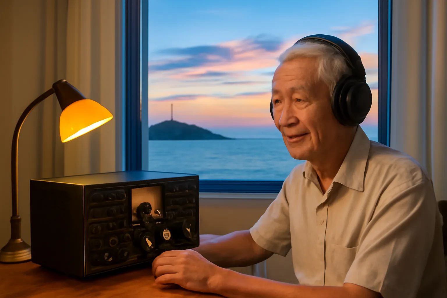 Người đàn ông lớn tuổi ngồi bên chiếc máy bộ đàm cũ cạnh cửa sổ nhìn ra biển lúc chạng vạng