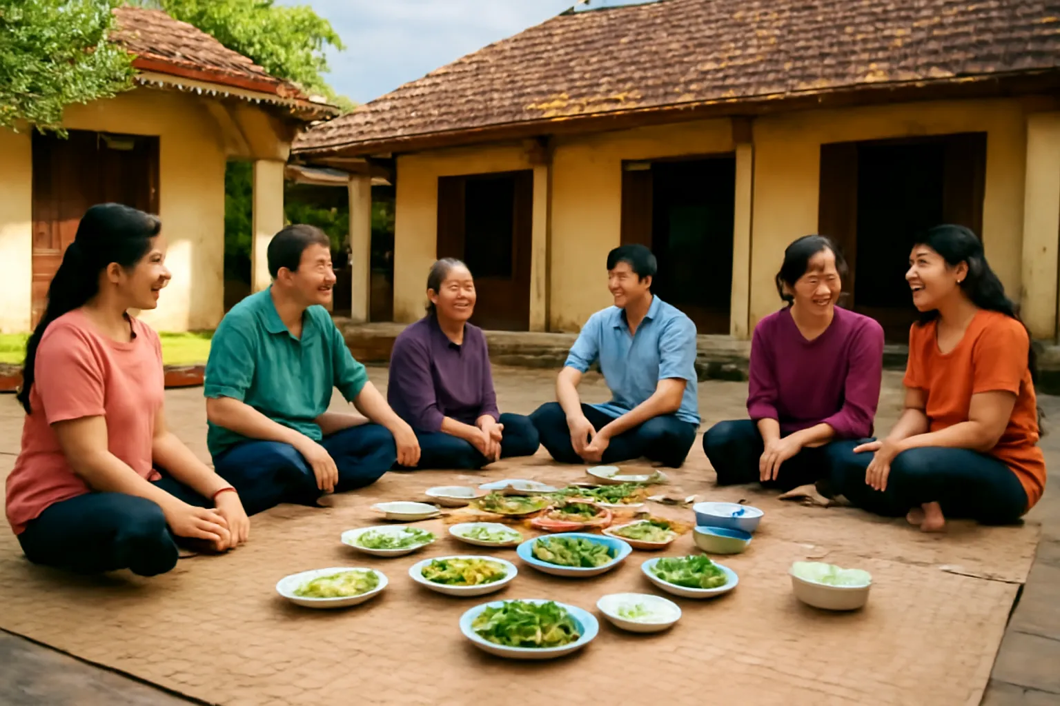 Mâm cỗ giỗ bày trên chiếu hoa trong sân nhà ngói, ánh nắng chiều