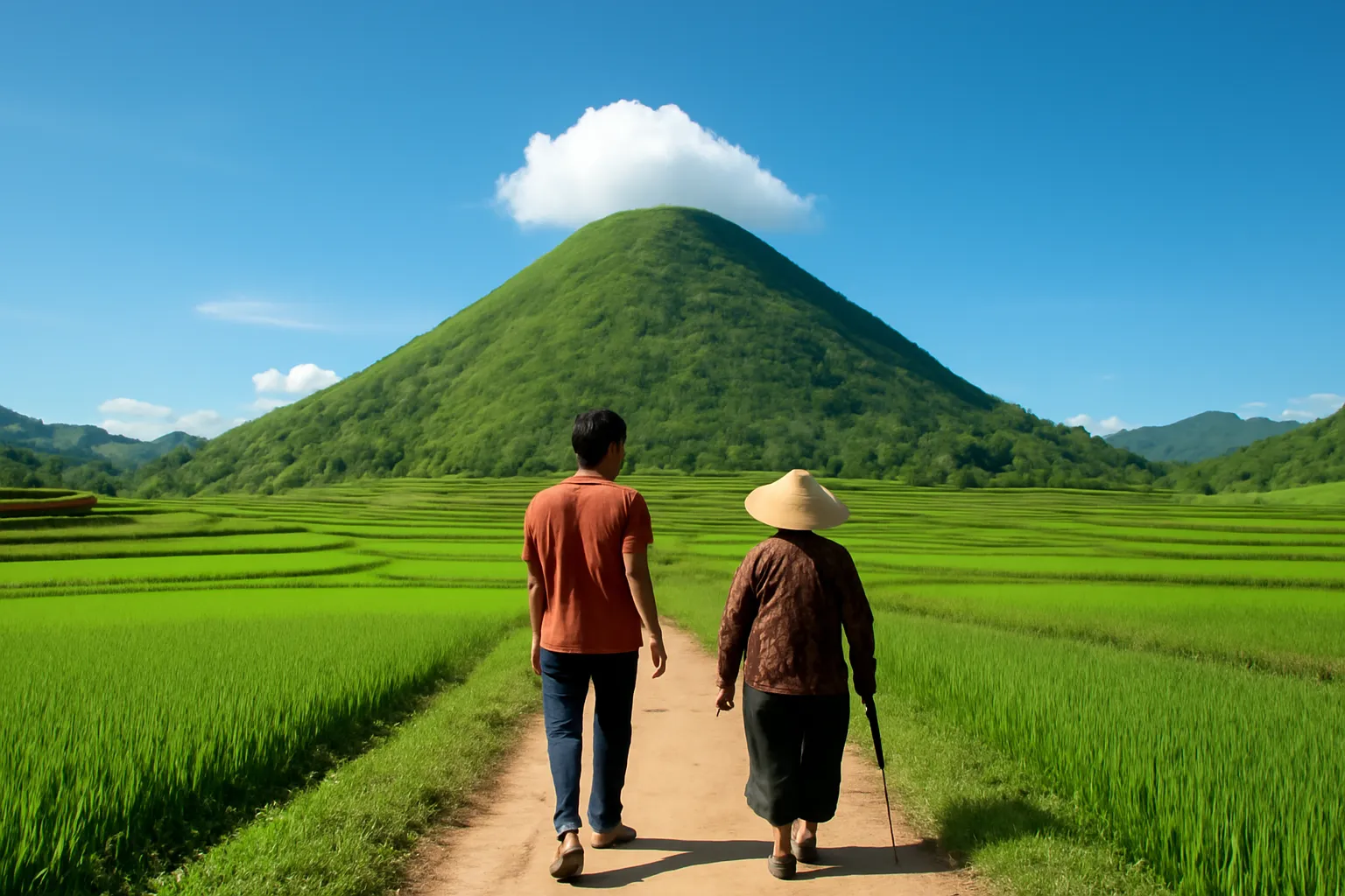 Ngọn đồi tròn xanh đội một đám mây trắng trên đỉnh như chiếc mũ, ruộng bậc thang dưới chân