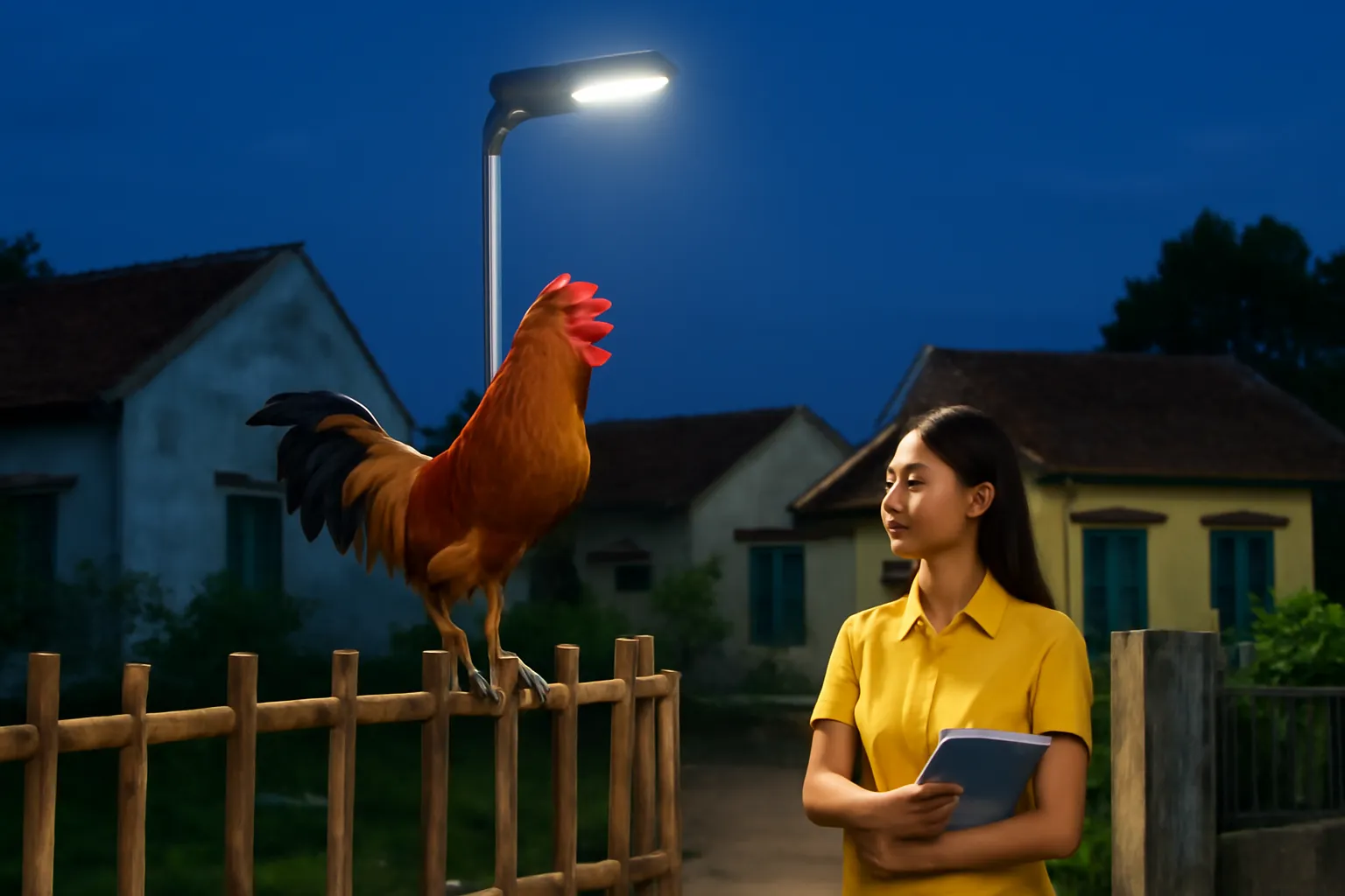 Gà trống đứng trên hàng rào tre dưới cột đèn đường, đêm, xóm nhà phía sau