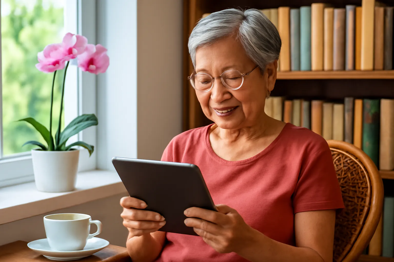 Người phụ nữ lớn tuổi đeo kính ngồi bên cửa sổ đọc sách trên máy tính bảng buổi chiều
