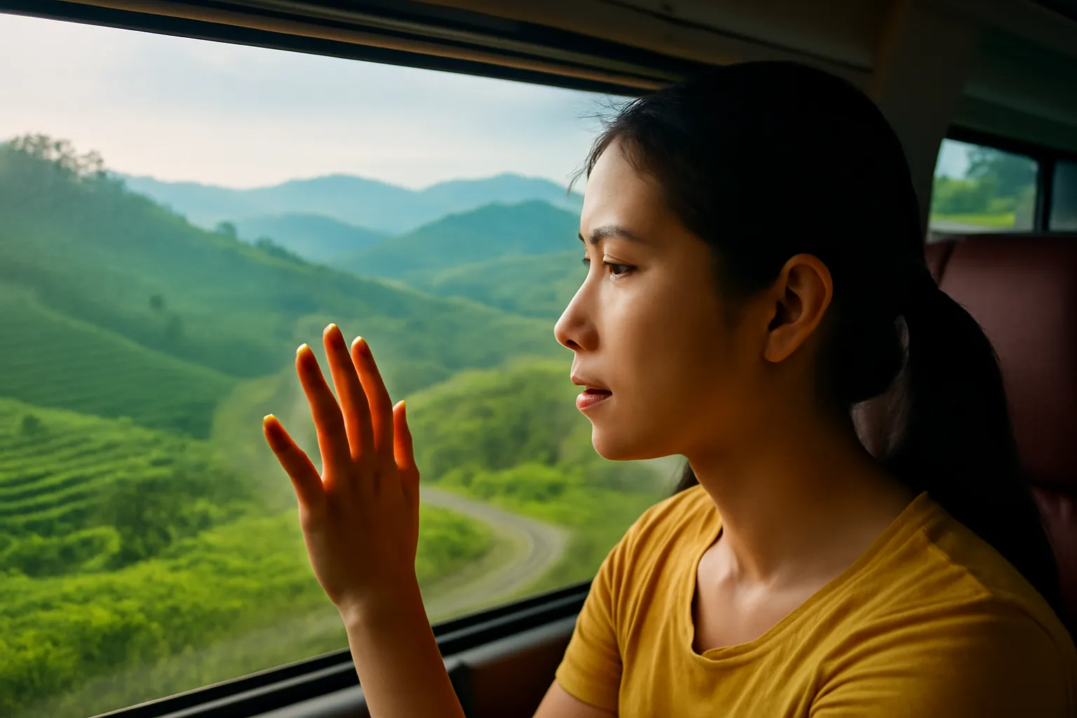 Bàn tay áp lên cửa kính xe khách đọng hơi nước, ngoài kia là đồi chè xanh
