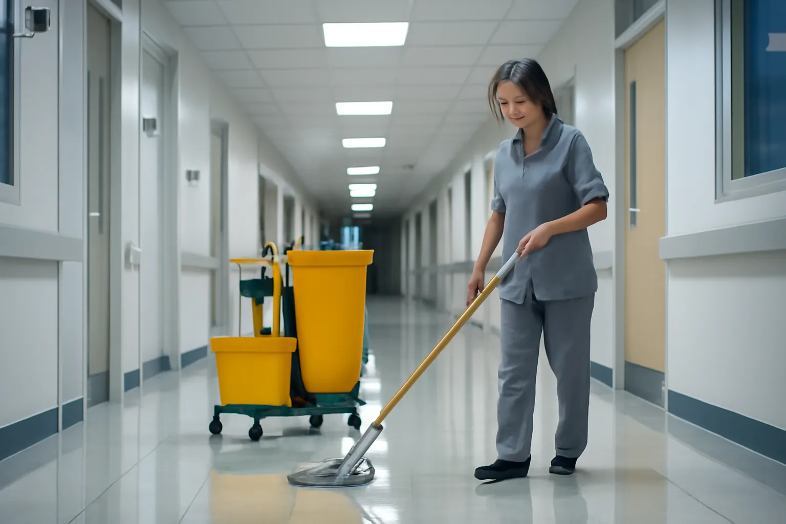 Hành lang bệnh viện bóng loáng ban đêm với chiếc xe lau nhà màu vàng đứng giữa lối