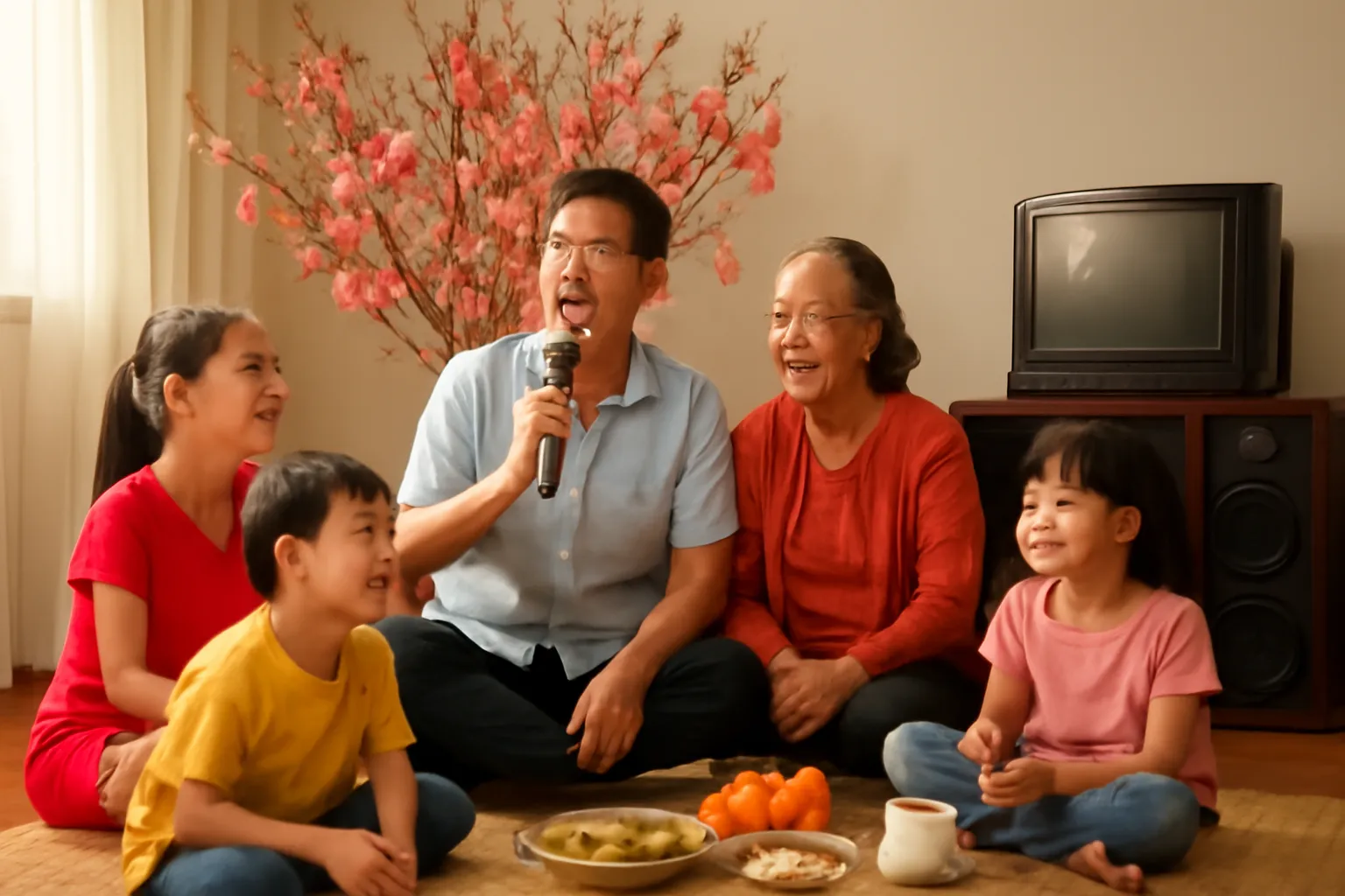 Cả gia đình ngồi trên chiếu trong phòng khách ngày Tết, một người cầm micro hát