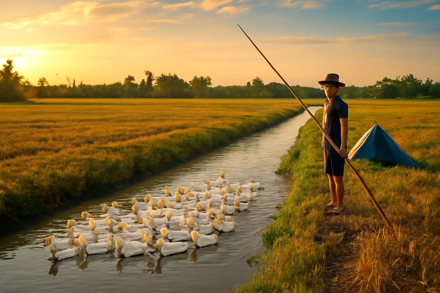 Đàn vịt trắng bơi trên kênh giữa cánh đồng miền Tây lúc chạng vạng