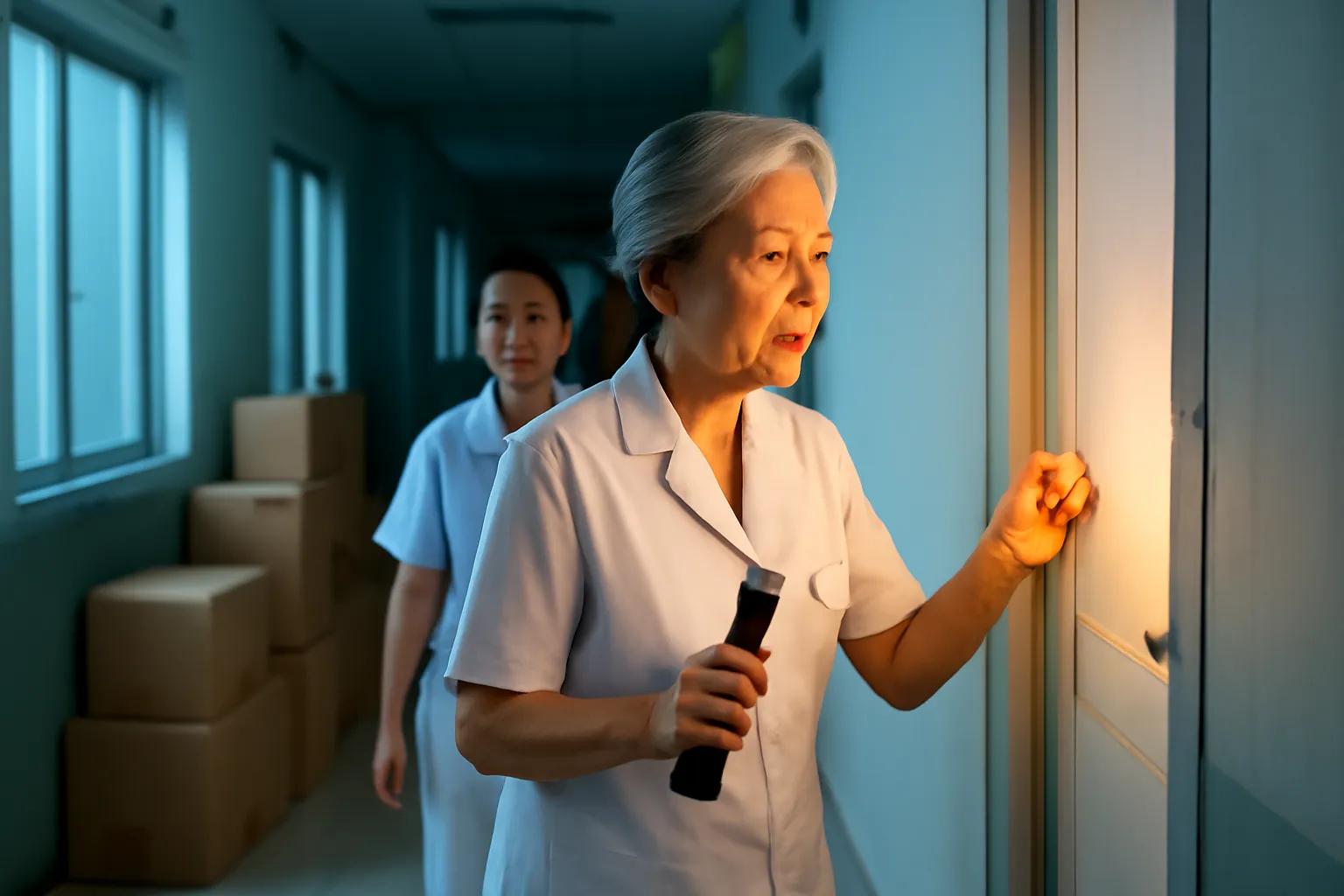 Bà điều dưỡng lớn tuổi cầm đèn pin đứng gõ cửa một phòng bệnh trống trong khu nhà cũ