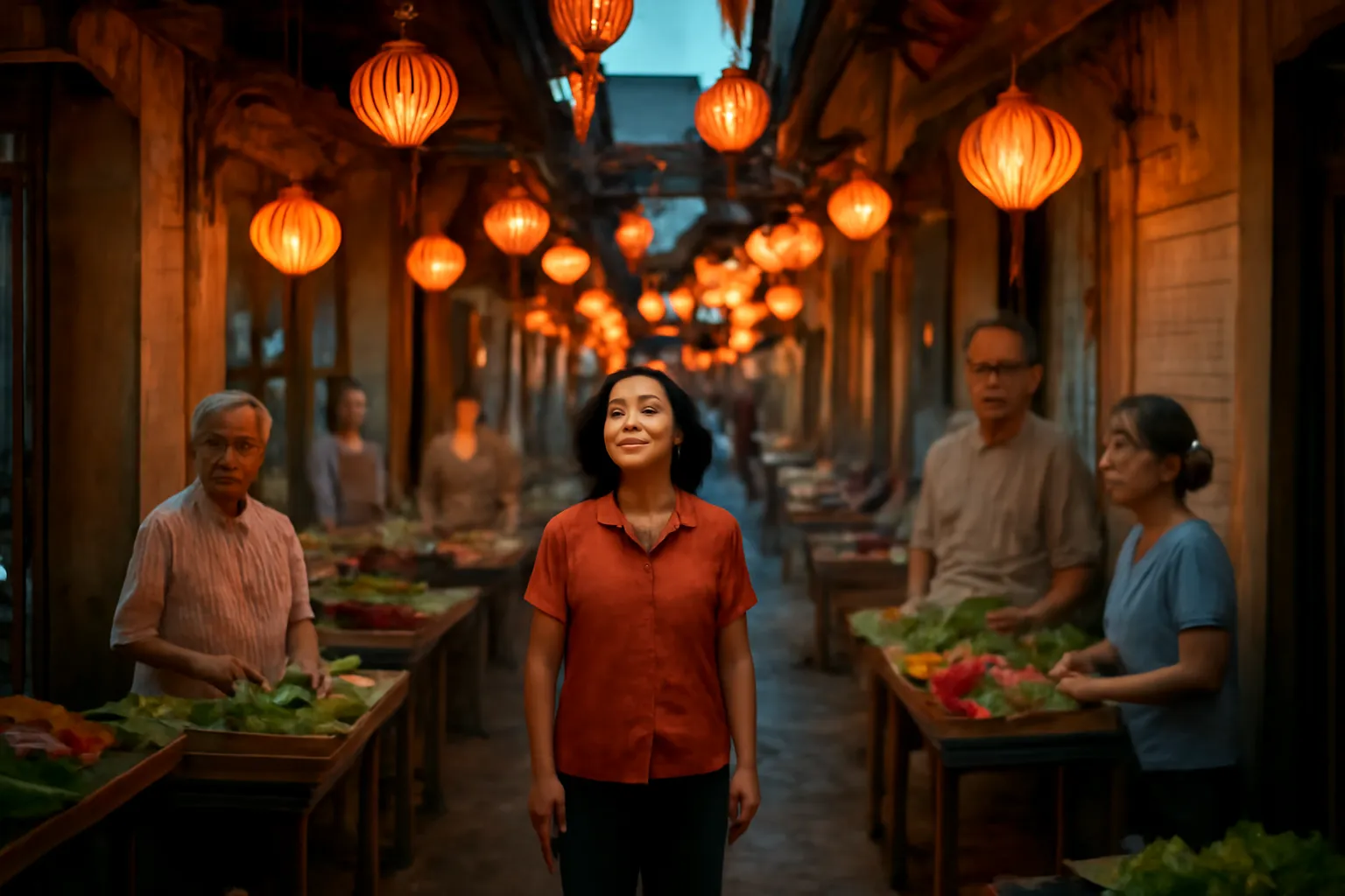 Khu chợ đêm cũ rực đèn lồng trong đêm cuối, người bán xưa nay đứng cạnh nhau