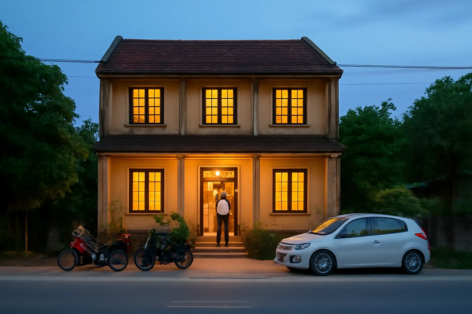 Nhà nghỉ cũ ven đường sáng đèn mọi ô cửa sổ trong đêm, xe đỗ kín sân