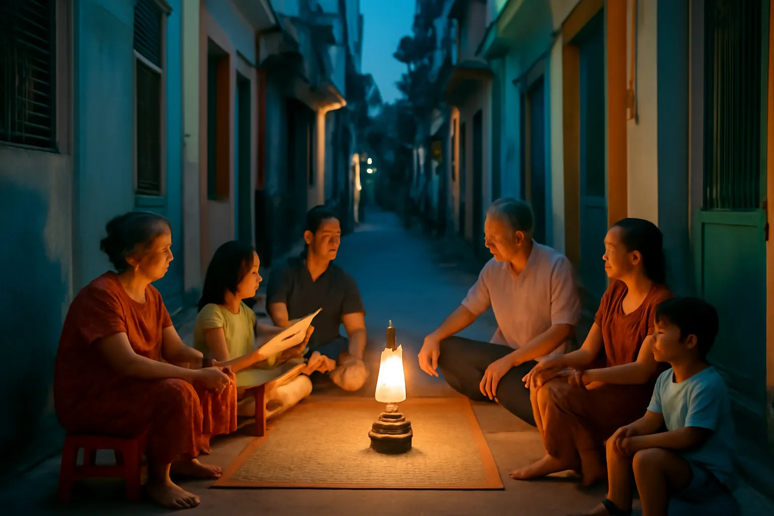 Người dân trong hẻm nhỏ ngồi ghế nhựa hóng gió quanh ngọn đèn dầu đêm mất điện