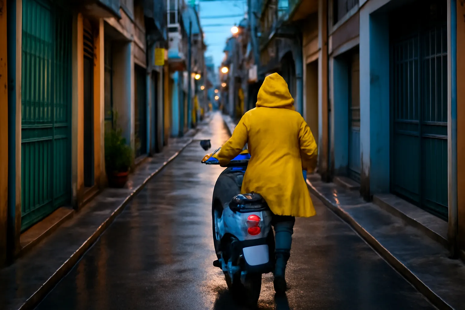 Người phụ nữ dắt xe máy vào con hẻm nhỏ, dãy đèn đường phía trước sáng tối xen kẽ