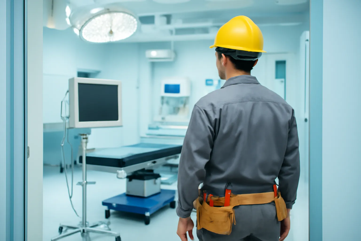 Người thợ điện đứng ở cửa phòng mổ sáng đèn, nhìn chiếc máy theo dõi trống
