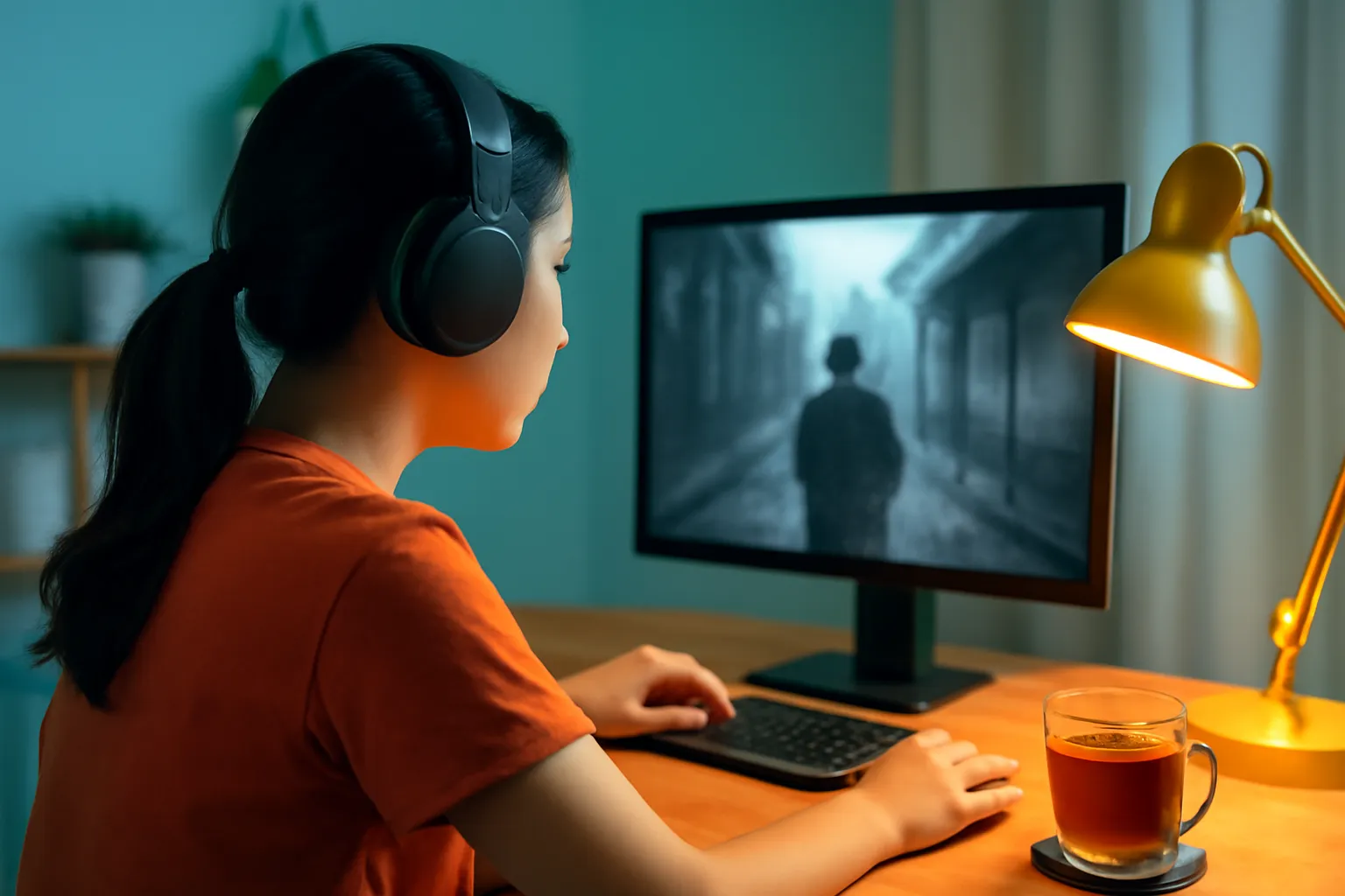 Cô gái đeo tai nghe ngồi trước màn hình chiếu cảnh phim đen trắng trong căn phòng tối