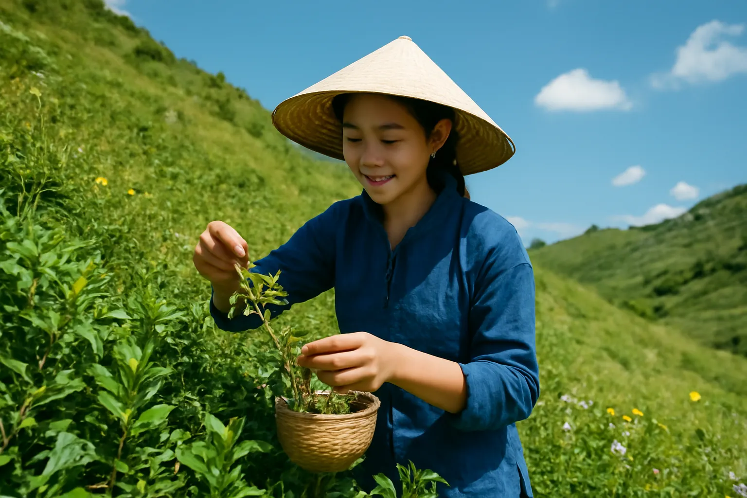 Cô gái đội nón lá hái lá trên sườn đồi trung du giữa trưa hè nắng
