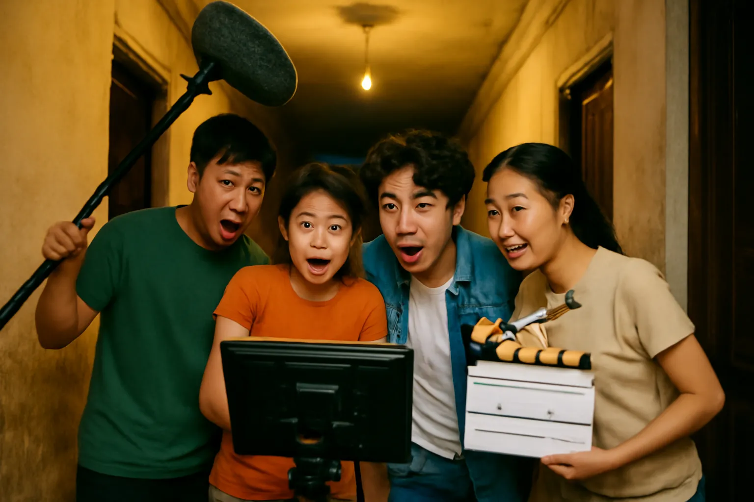 Đoàn làm phim nhỏ chen chúc trước màn hình máy quay trong hành lang nhà nghỉ cũ