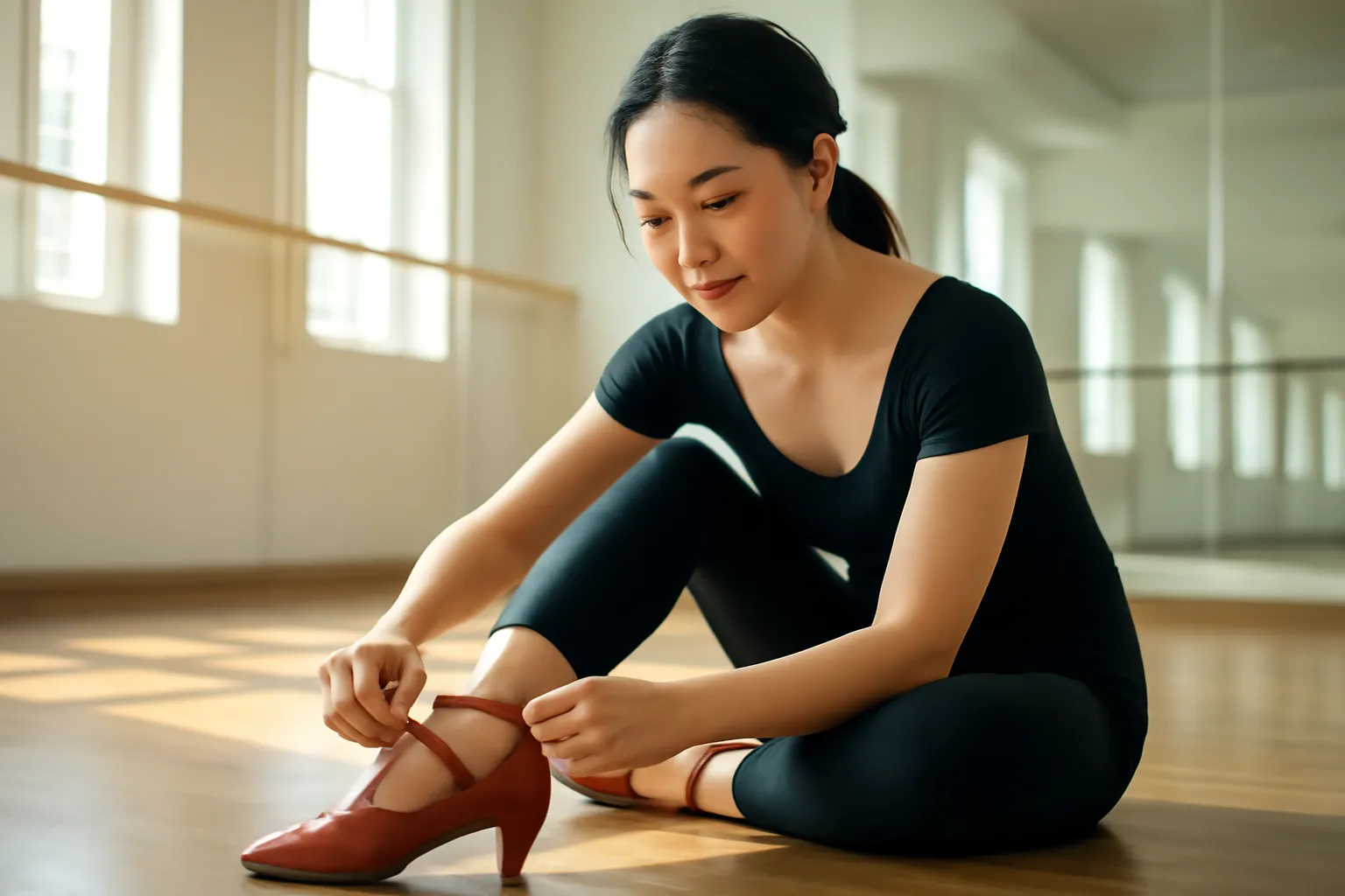 Người phụ nữ trẻ ngồi trên sàn phòng tập nhảy buộc dây đôi giày khiêu vũ màu đỏ
