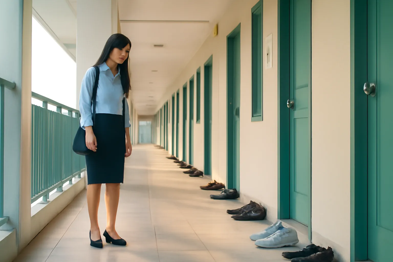 Hàng giày dép xếp trước cửa căn hộ trong hành lang chung cư, một đôi quay mũi ra ngoài