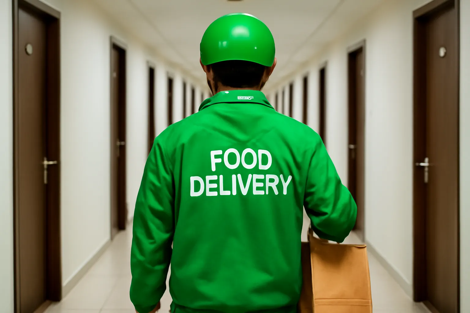 Anh giao hàng áo khoác xanh cầm túi đồ ăn đứng trong hành lang chung cư dài sáng đèn ban đêm, hai bên là cửa căn hộ