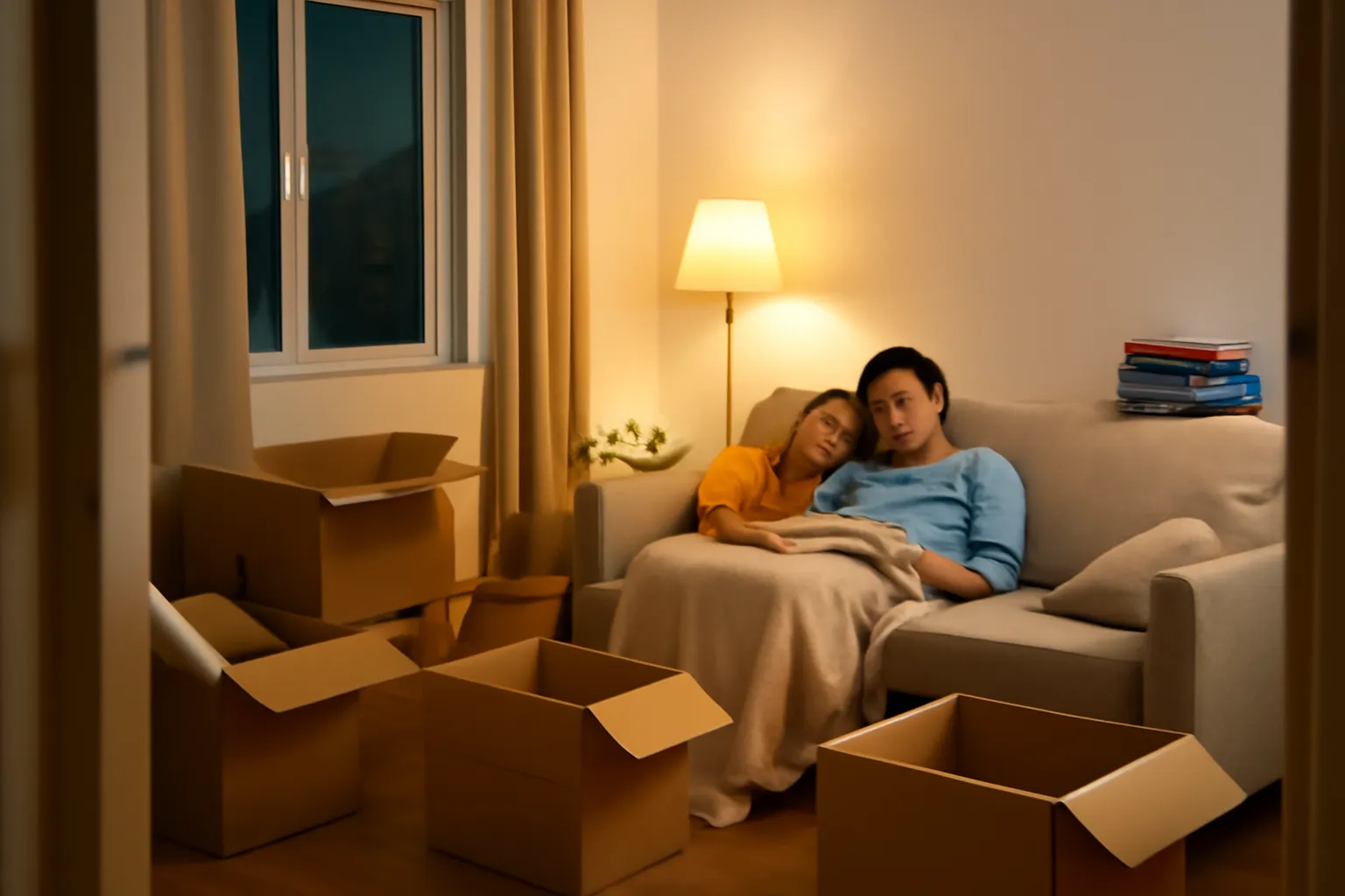 Phòng khách nhà mới chất đầy thùng các tông đang mở dở dưới ánh đèn ấm