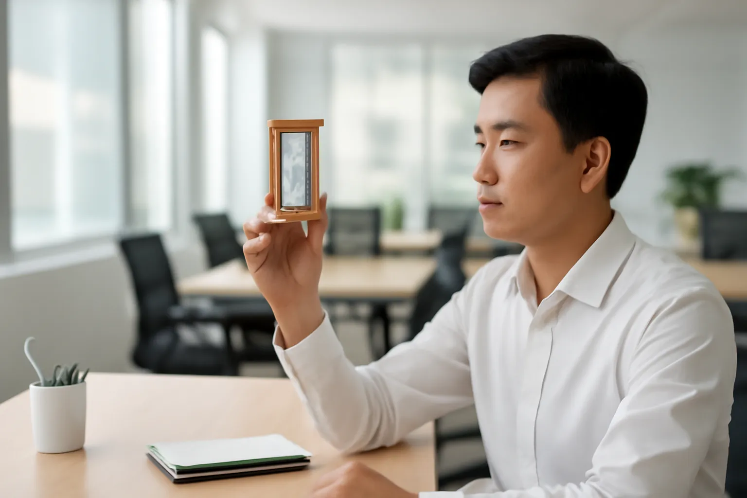 Người đàn ông trẻ mặc sơ mi ngồi ở bàn làm việc cầm chiếc đồng hồ cát khung gỗ