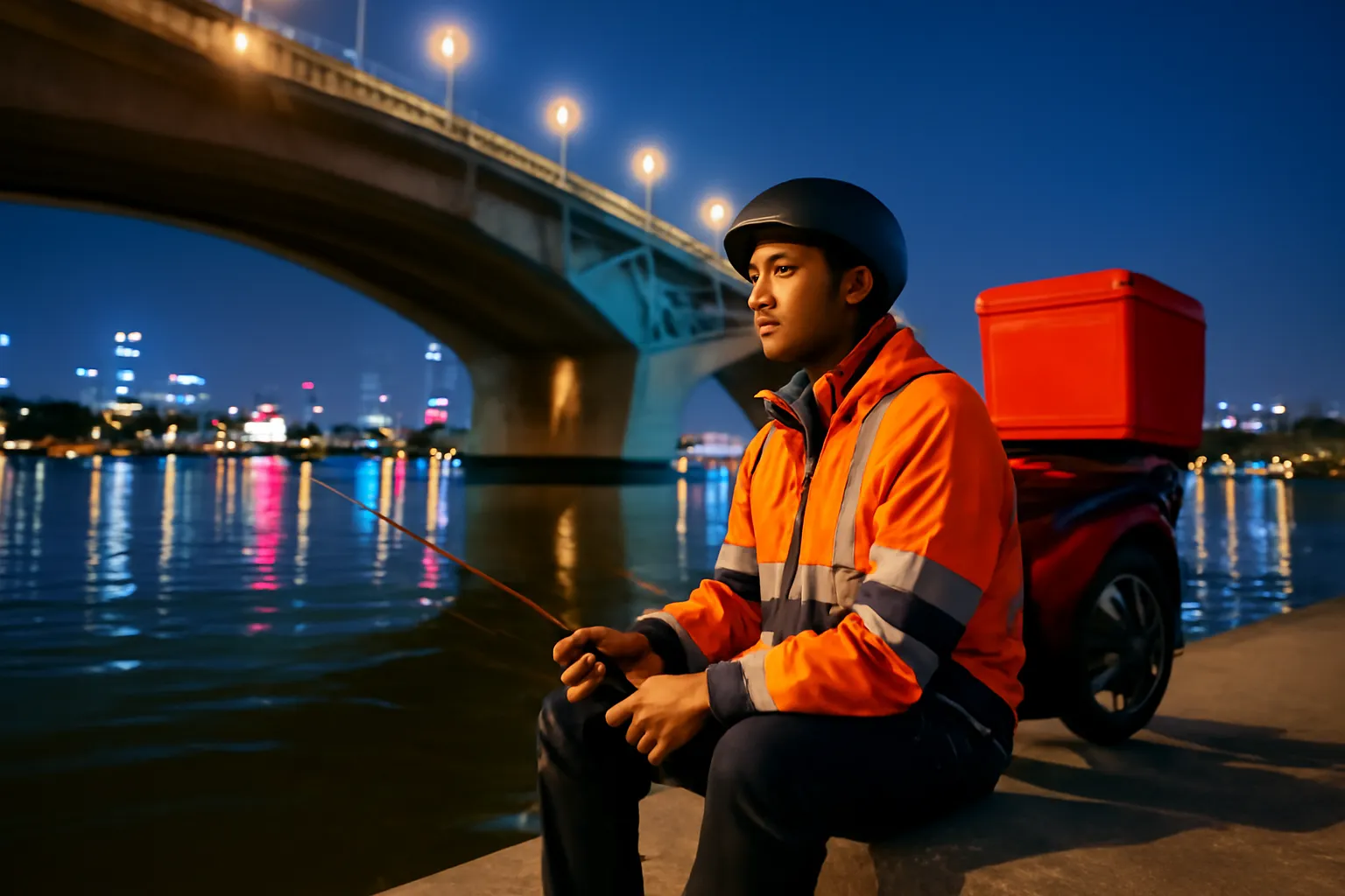 Người đàn ông trẻ ngồi câu cá trên bờ kè dưới gầm cầu thành phố ban đêm