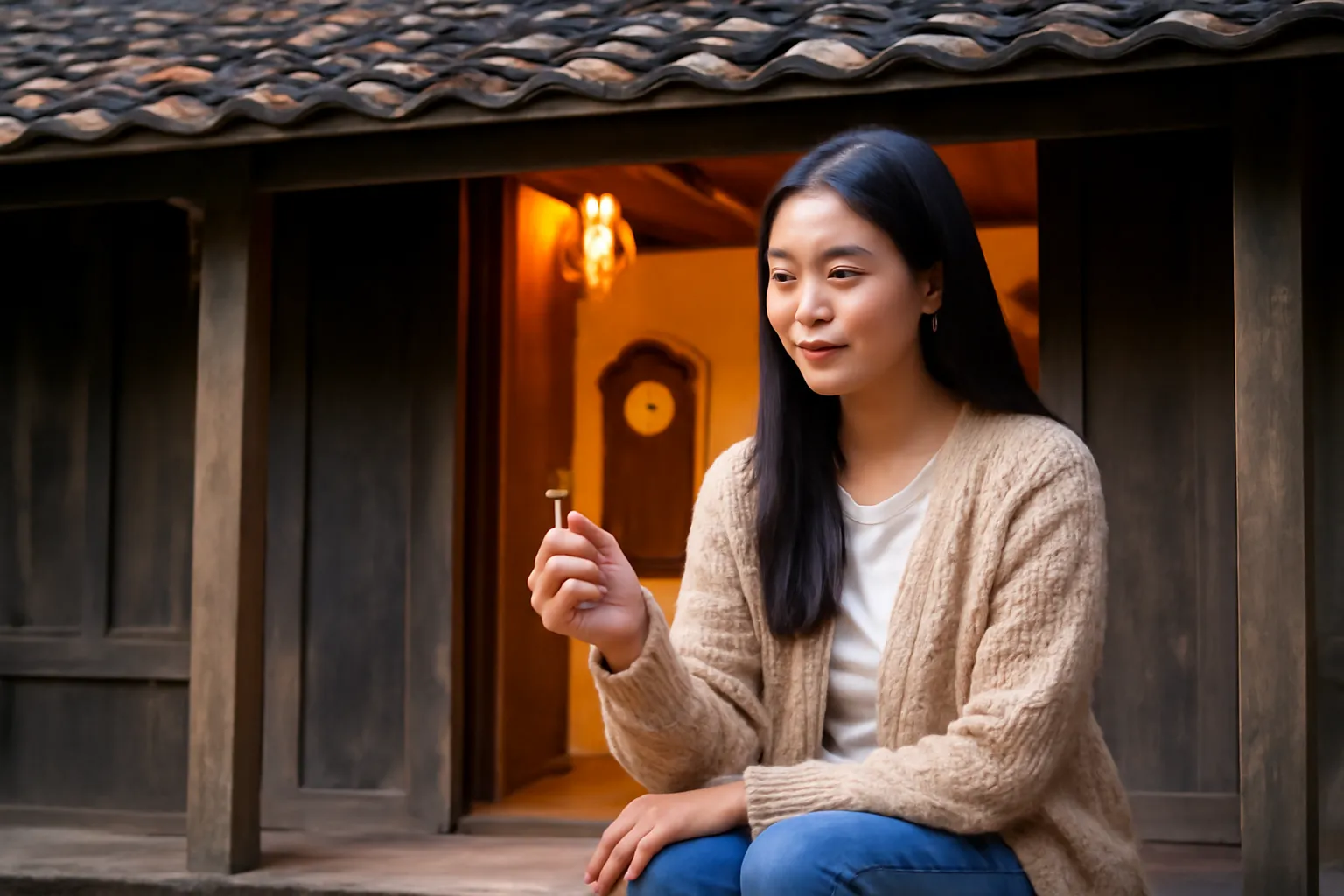 Cô gái trẻ ngồi trên hiên nhà gỗ cũ cầm chiếc chìa khoá đồng lúc chập tối