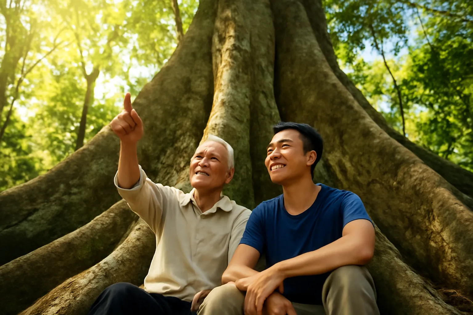 Cụ ông tóc bạc và cháu trai ngồi dưới gốc cây cổ thụ khổng lồ trong rừng