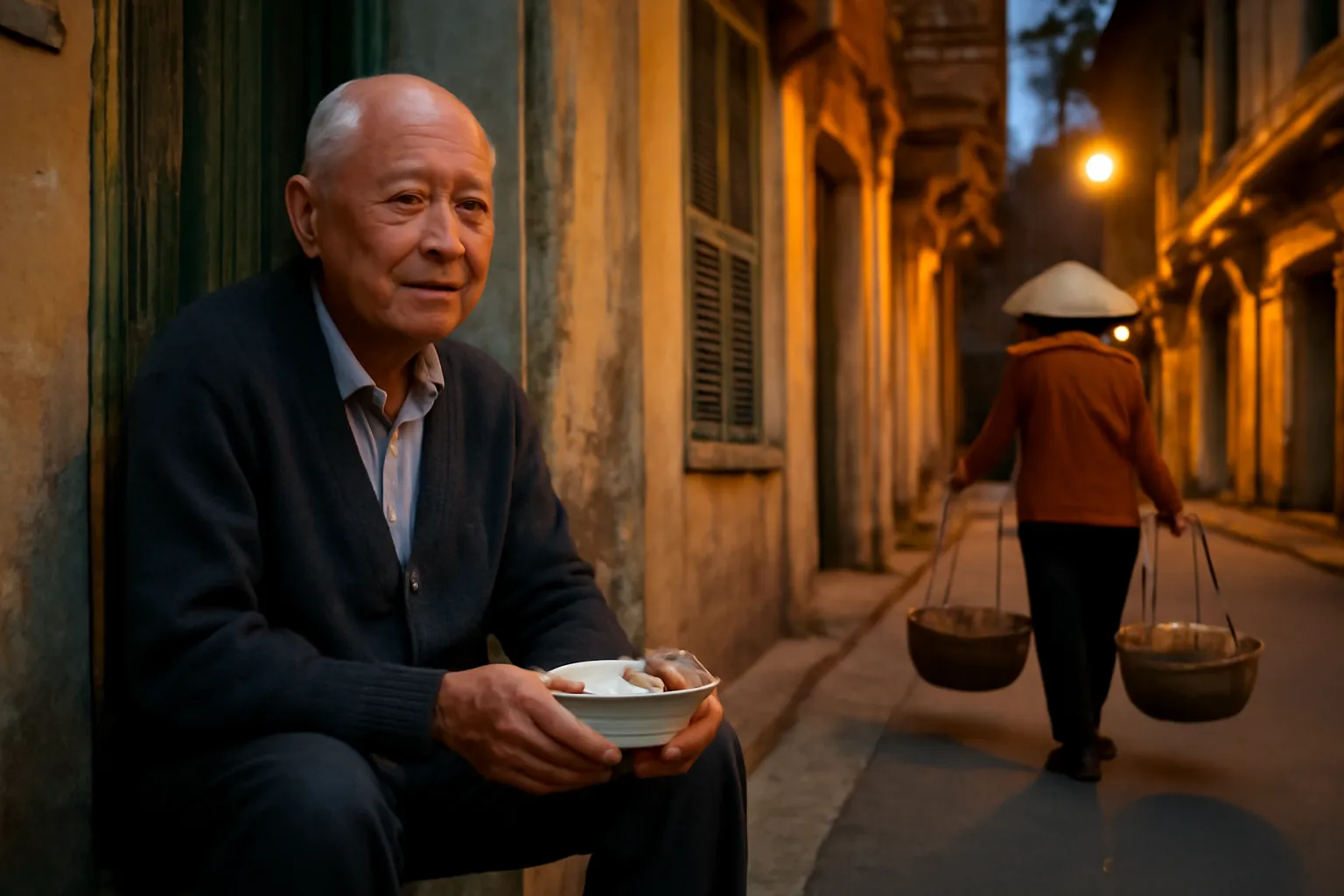 Ông cụ ngồi ăn tào phớ trên bậc cửa nhà phố cổ dưới ánh đèn đường