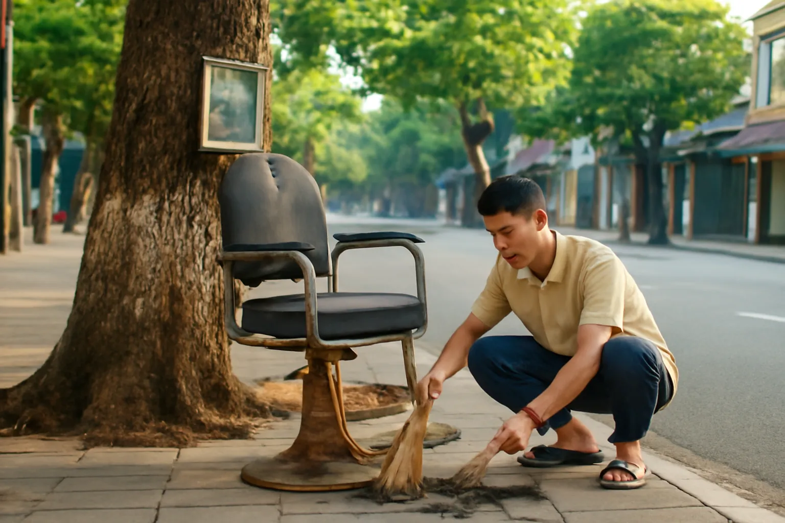 Chàng trai trẻ quét những lọn tóc dưới chiếc ghế cắt tóc vỉa hè cạnh gốc cây