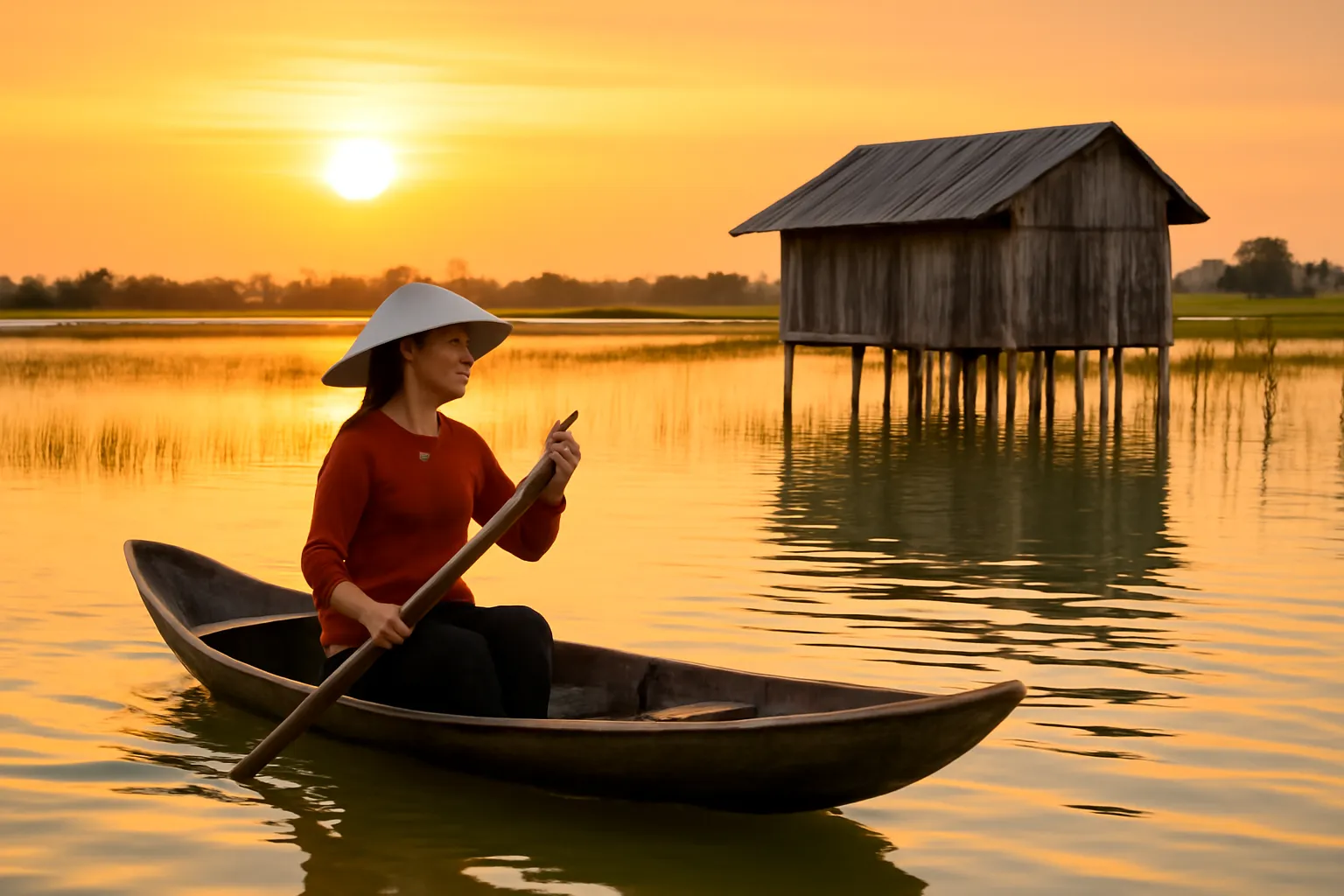 Cô gái chèo xuồng trên cánh đồng ngập nước mùa nước nổi lúc hoàng hôn