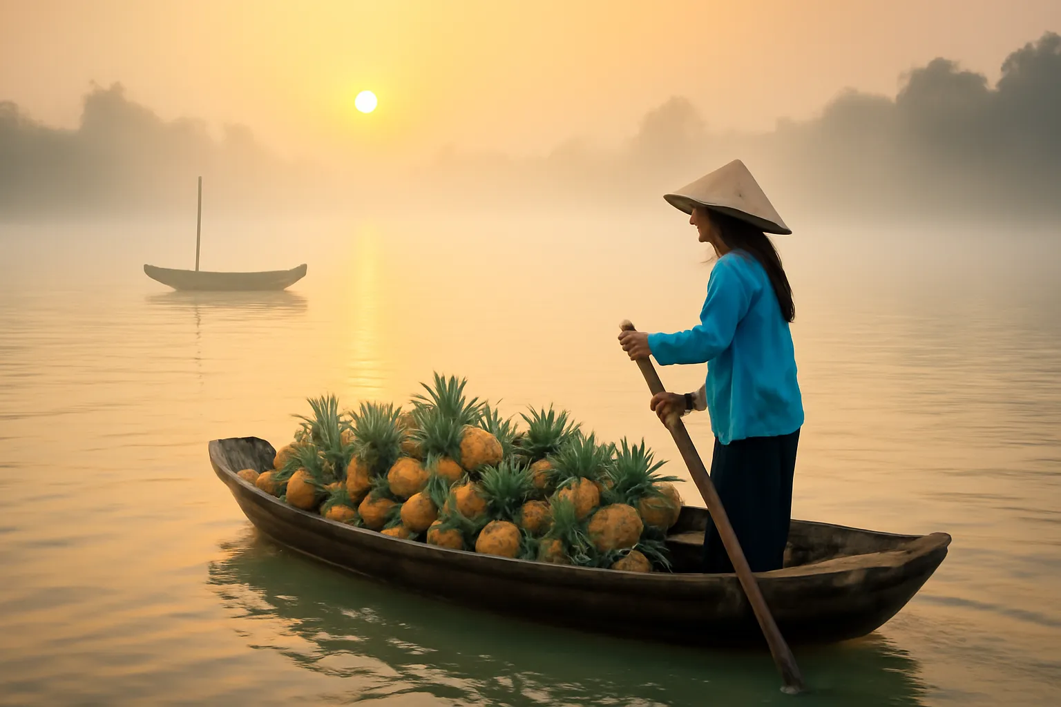 Cô gái lái chiếc ghe chở khóm trên sông trong sương sớm, cạnh một chiếc ghe mờ