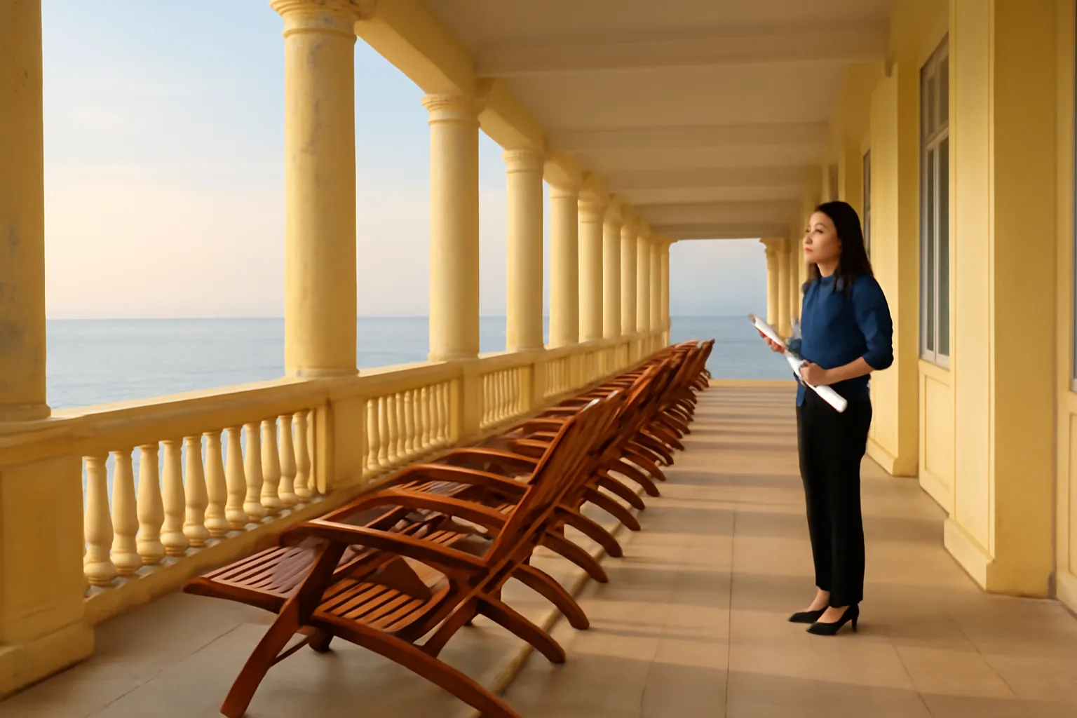 Hàng ghế gỗ phơi nắng xếp thẳng trên hiên dài nhìn ra biển lúc bình minh