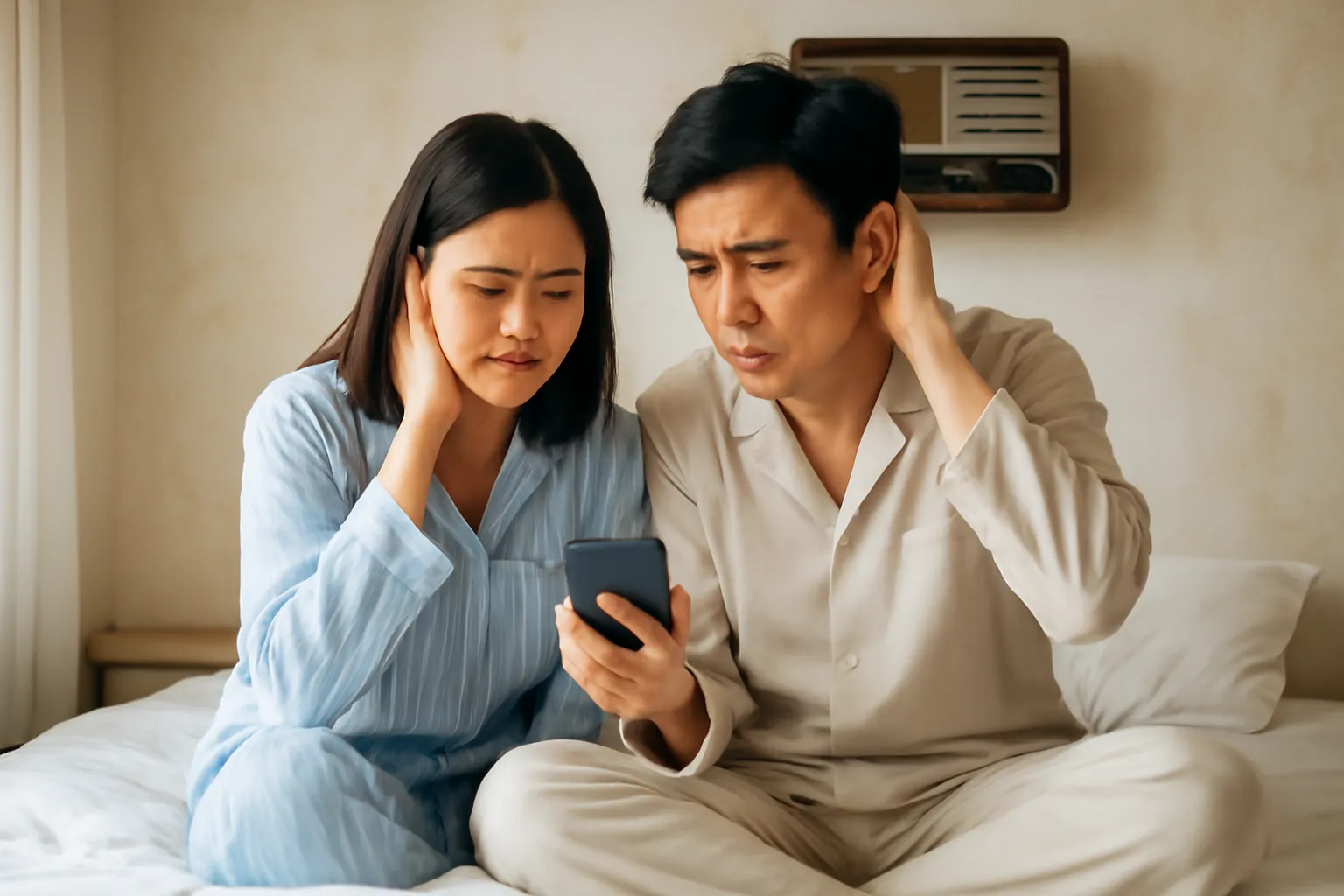 Đôi vợ chồng ngồi trên giường chụm đầu nghe đoạn ghi âm trên điện thoại buổi sáng