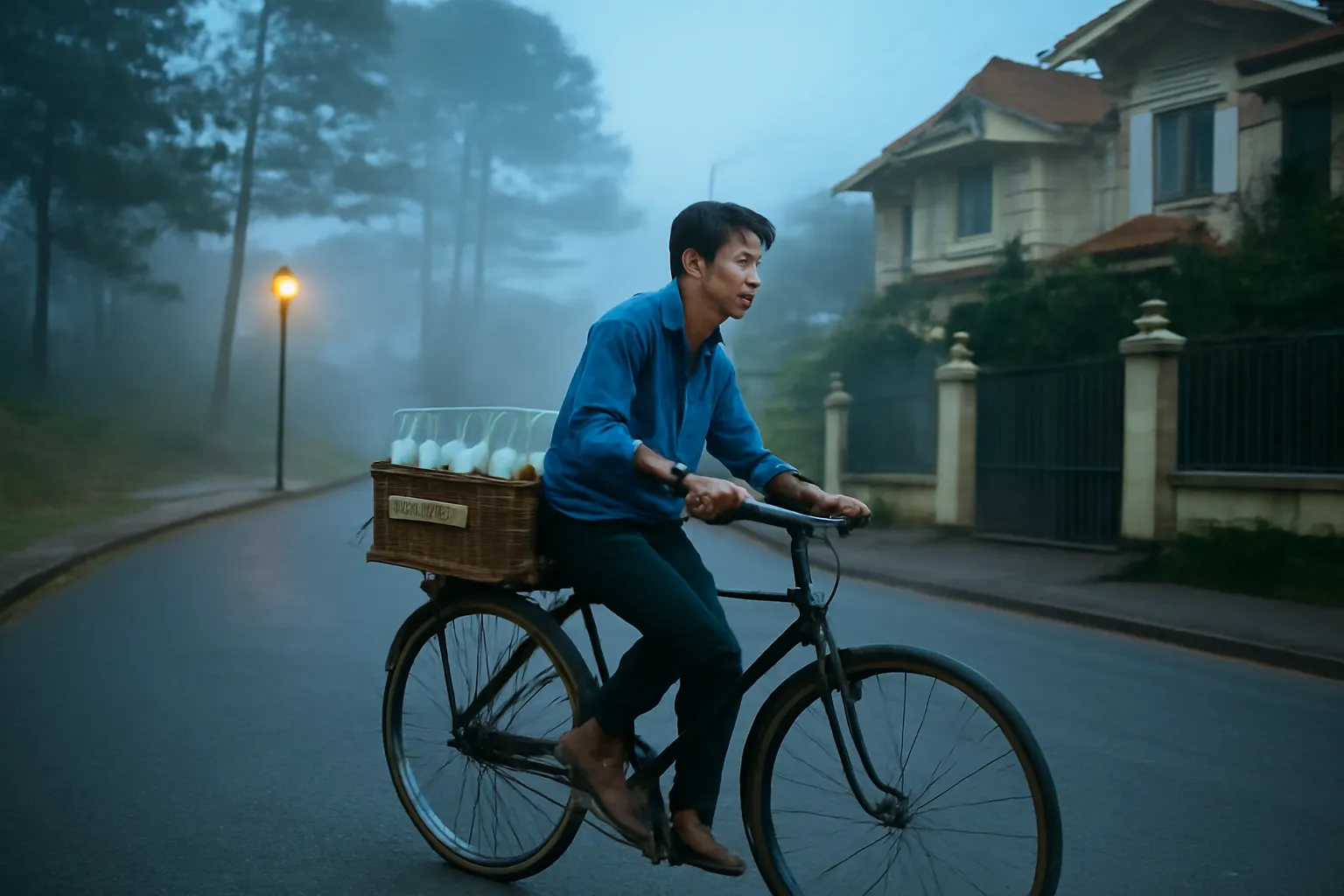 Chàng trai đạp xe chở thùng chai sữa thuỷ tinh qua con dốc phố núi lúc tờ mờ sáng