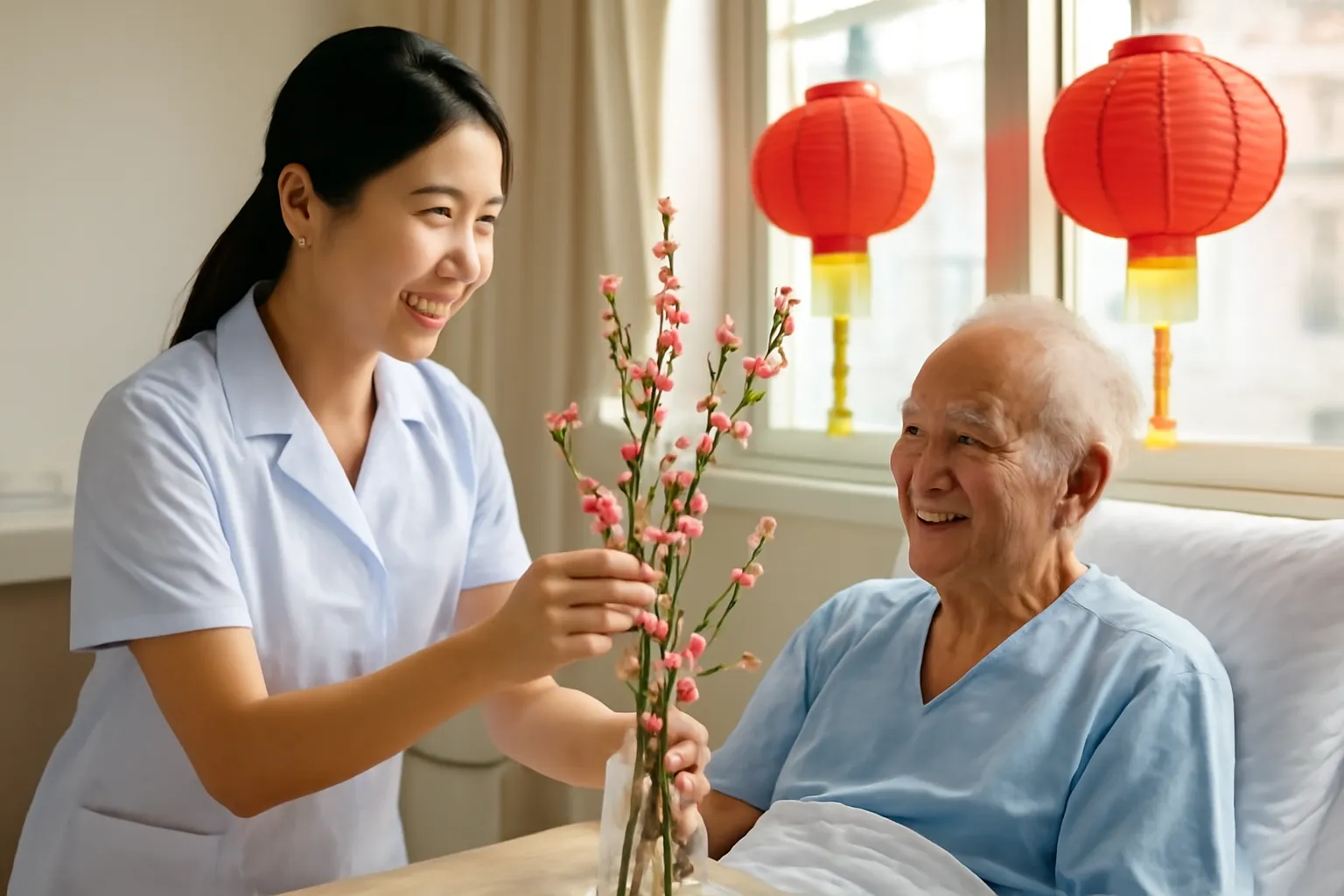 Nữ điều dưỡng trẻ đặt cành đào nhỏ cạnh giường ông cụ trong phòng bệnh đêm giao thừa