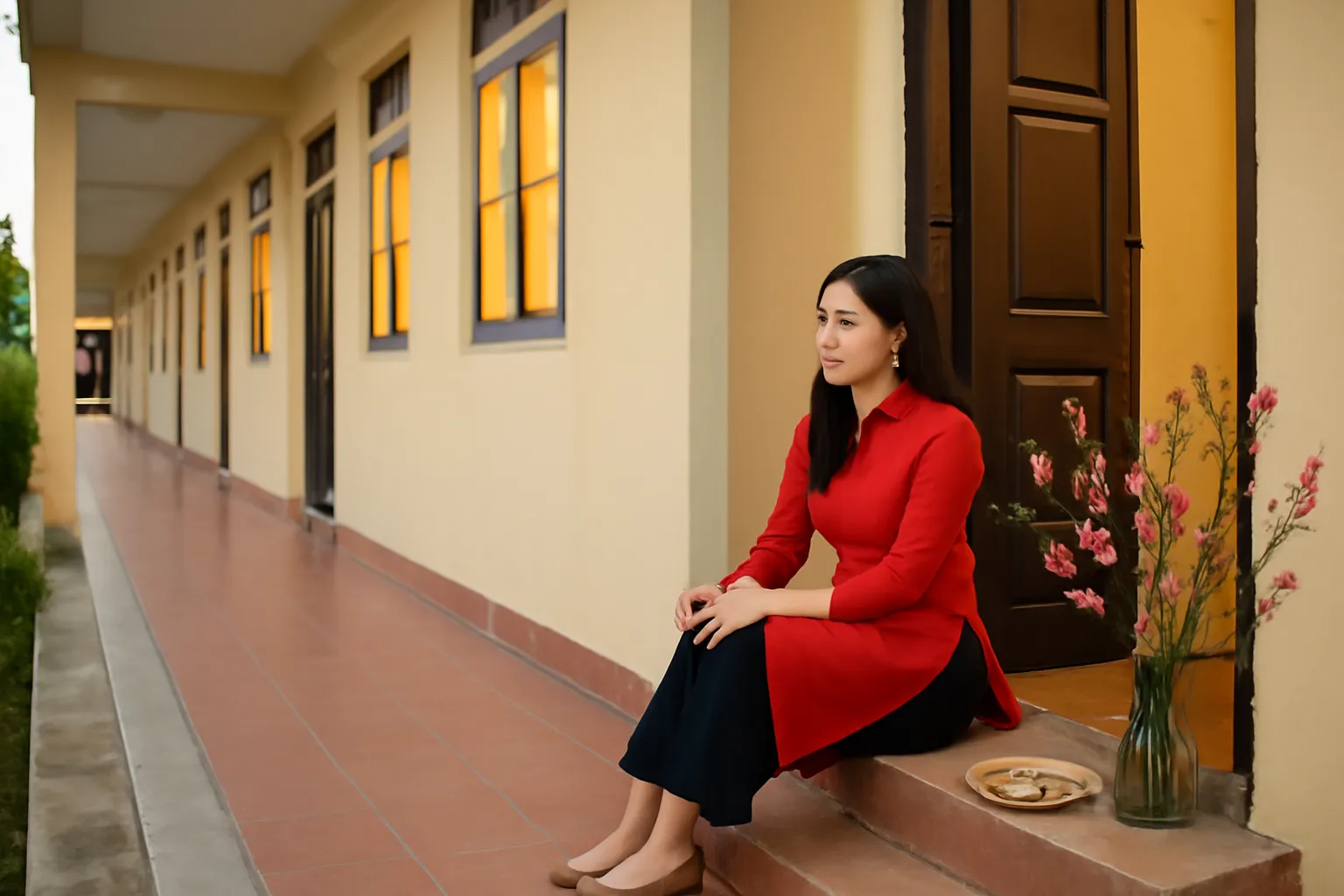 Cô gái ngồi trước cửa phòng trọ đêm giao thừa, hành lang các phòng sáng đèn