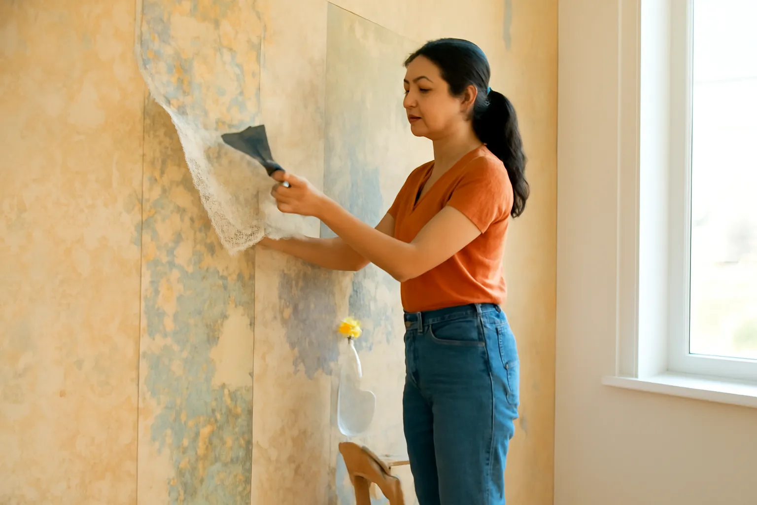 Bức tường phòng trọ bóc dở nhiều lớp giấy dán tường hoa văn khác nhau