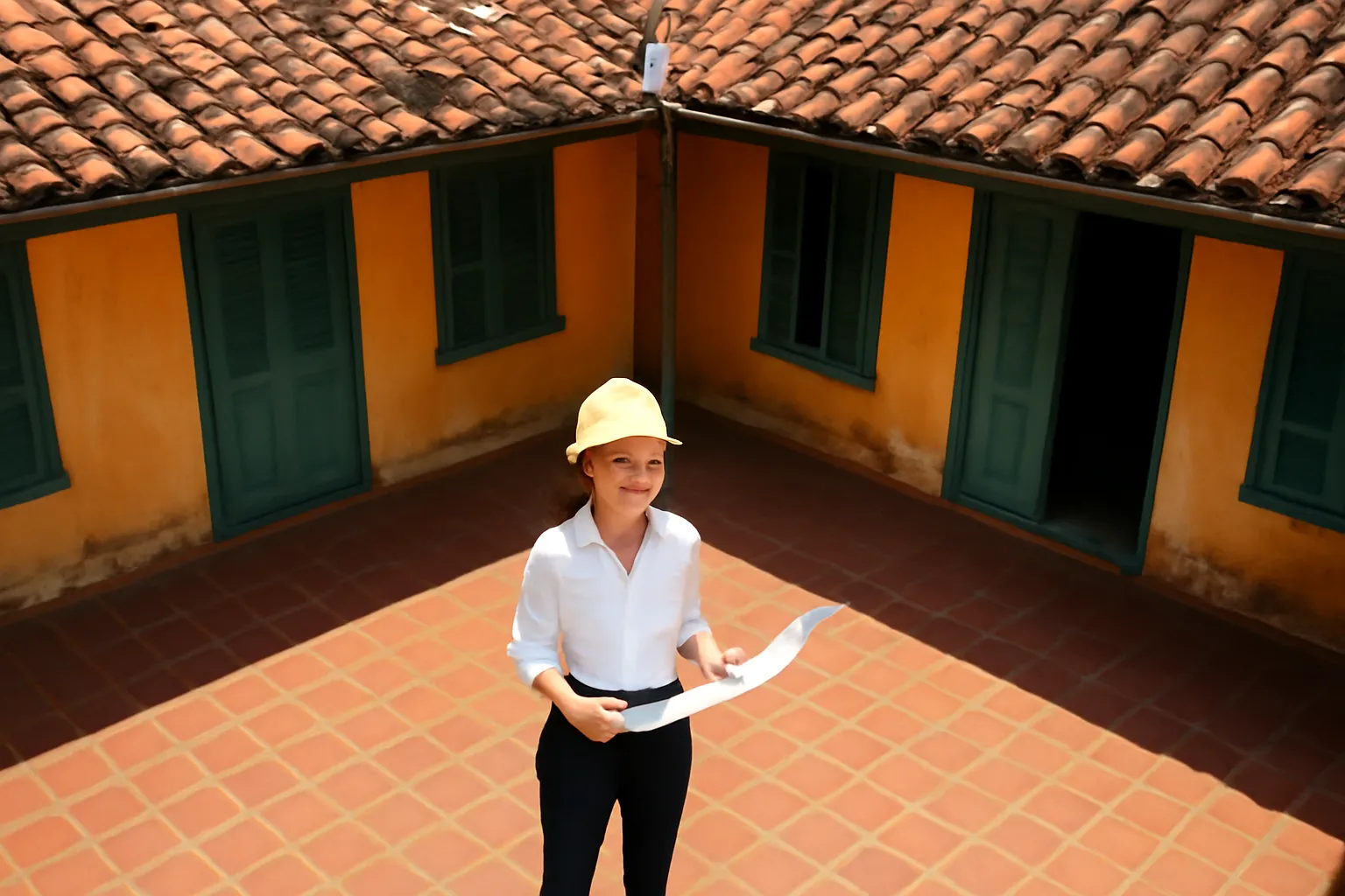 Cô gái đội mũ bảo hộ đứng giữa giếng trời nhà cổ, nắng trưa rọi thẳng xuống nền gạch