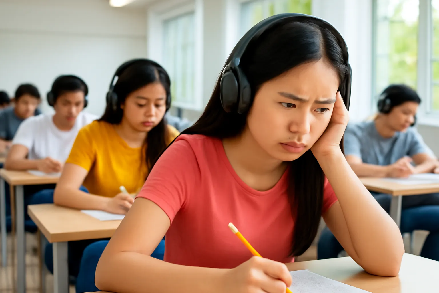 Phòng thi với hàng thí sinh đeo tai nghe, một cô gái nhăn mặt nghe