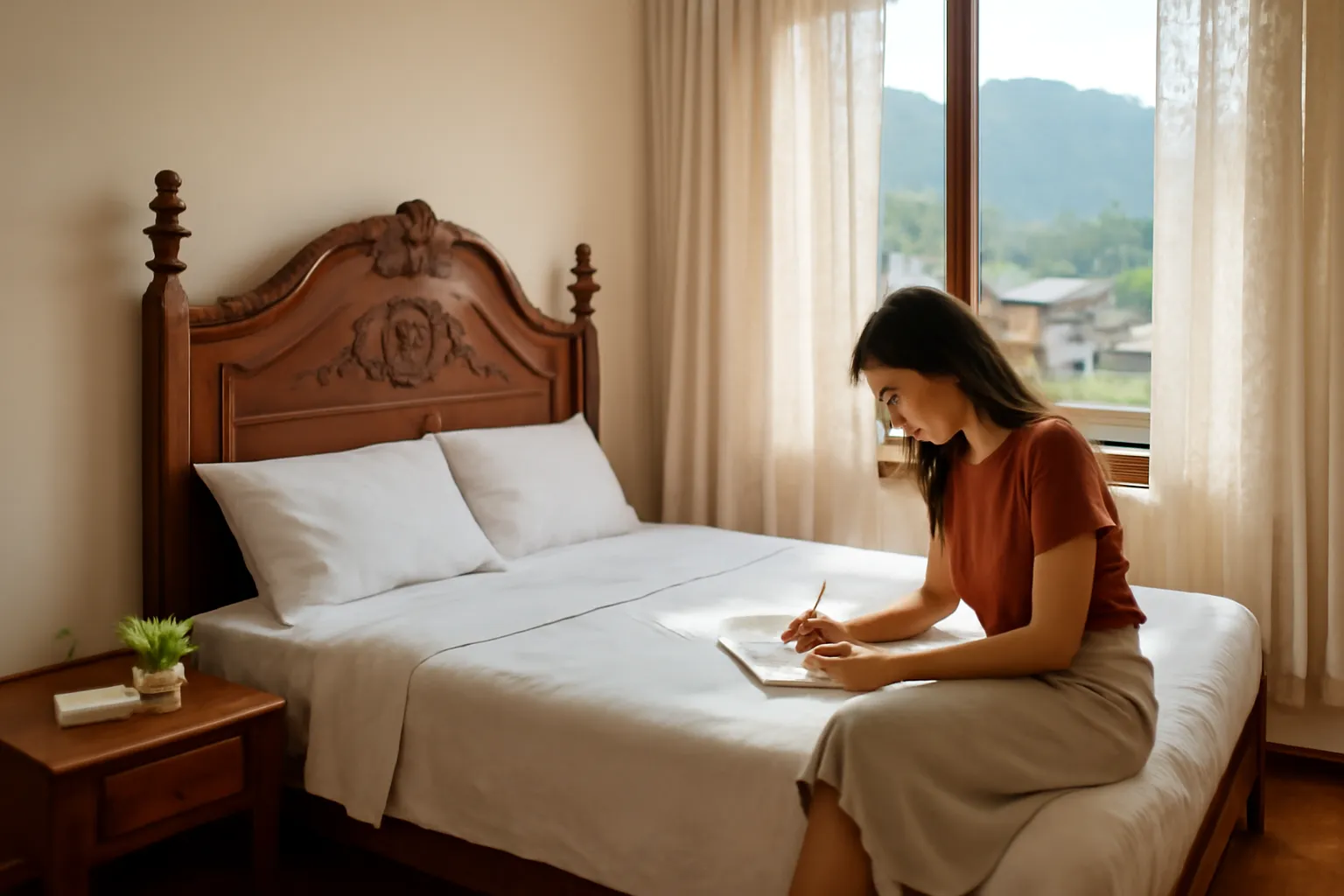 Chiếc giường gỗ chạm hoa cũ trong căn phòng nhà khách, cuốn sổ mở trên tủ đầu giường
